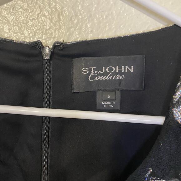 ST JOHN COUTURE Suit Dress Black Caviar & Silk Metallic Silver Rose Sheath Sz‎ 0 - Picture 6 of 11